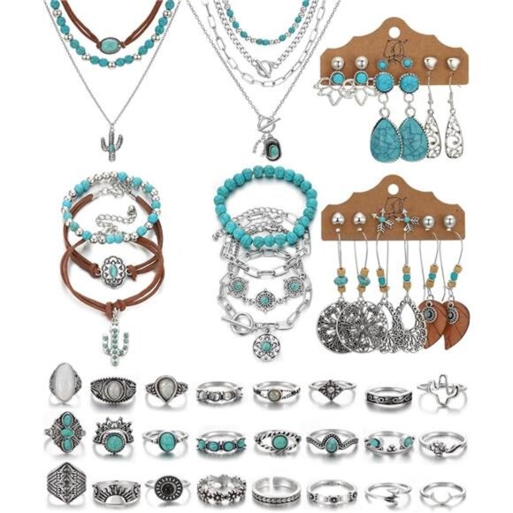 Jewelry - IFKM Bohemian Jewelry Set With Turquoise Necklace, Dangle Earrings, Stackable